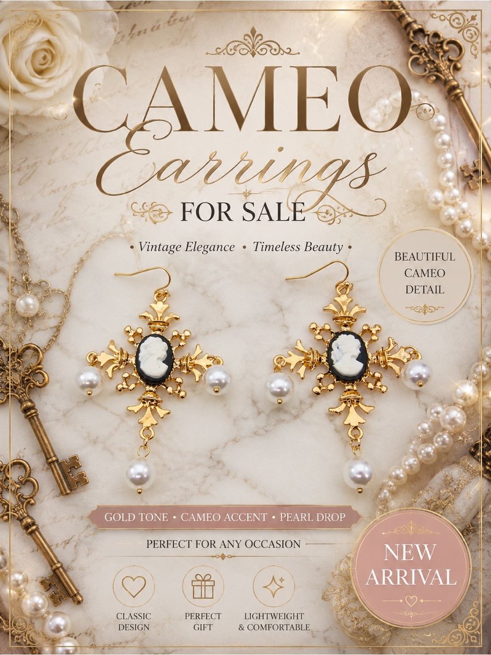 Gold Cameo Cross Drop Earrings with White Pearls